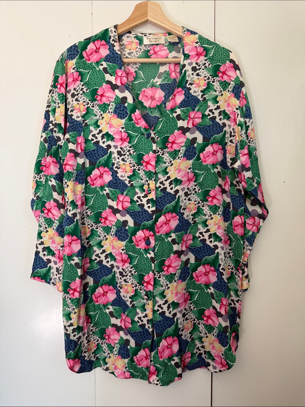 Victoria's Secret 100% Silk VTG Green Floral Button-Down Sleep Shirt S Comfy